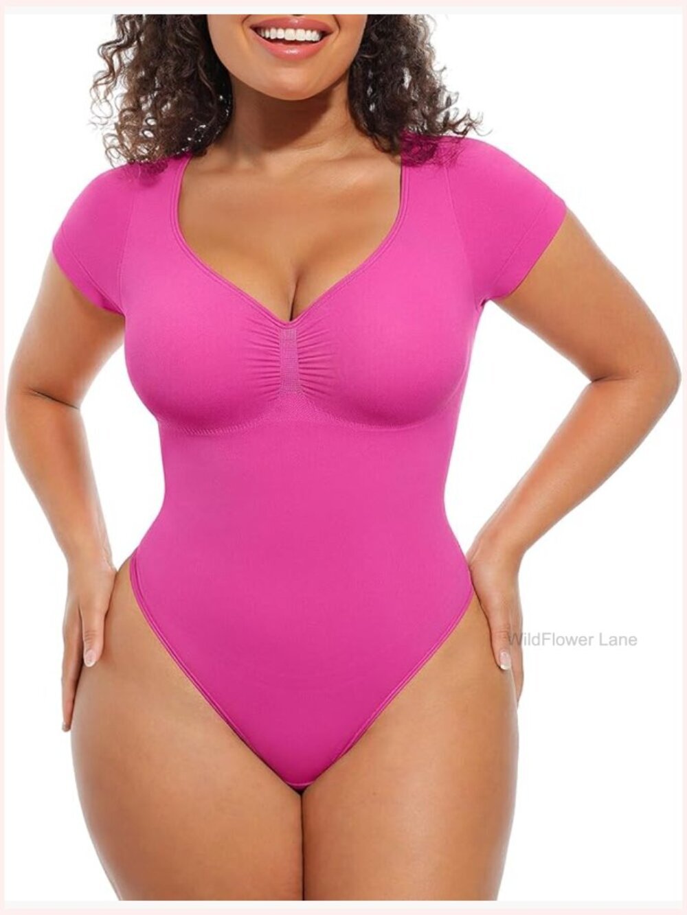 Short Sleeve V Neck Tummy Control Shapewear Bodysuit Seamless Thong Bodysuit